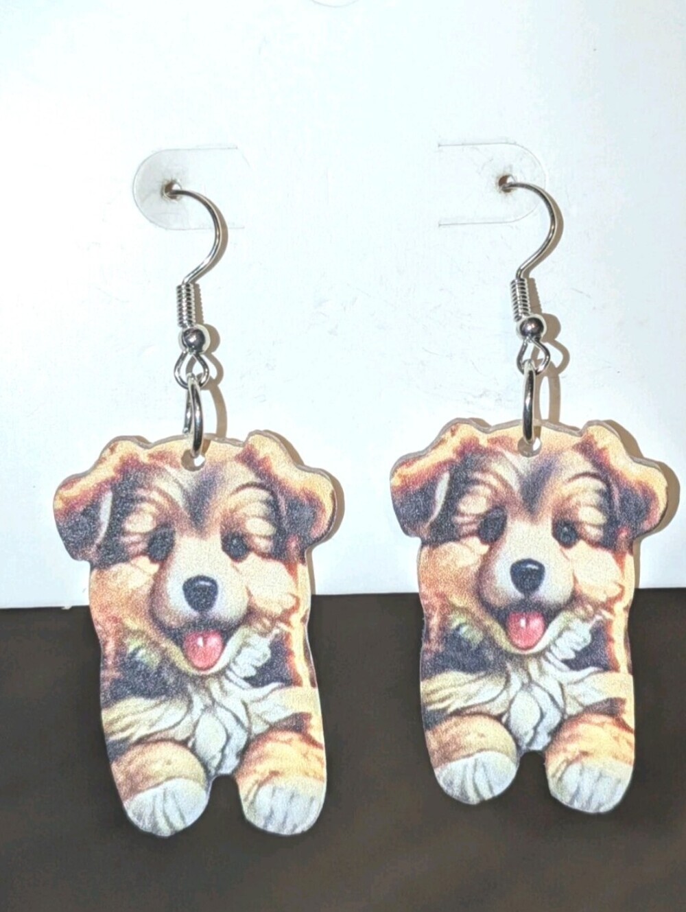 Hand Crafted Brown and Cream Puppy Dangle Earrings